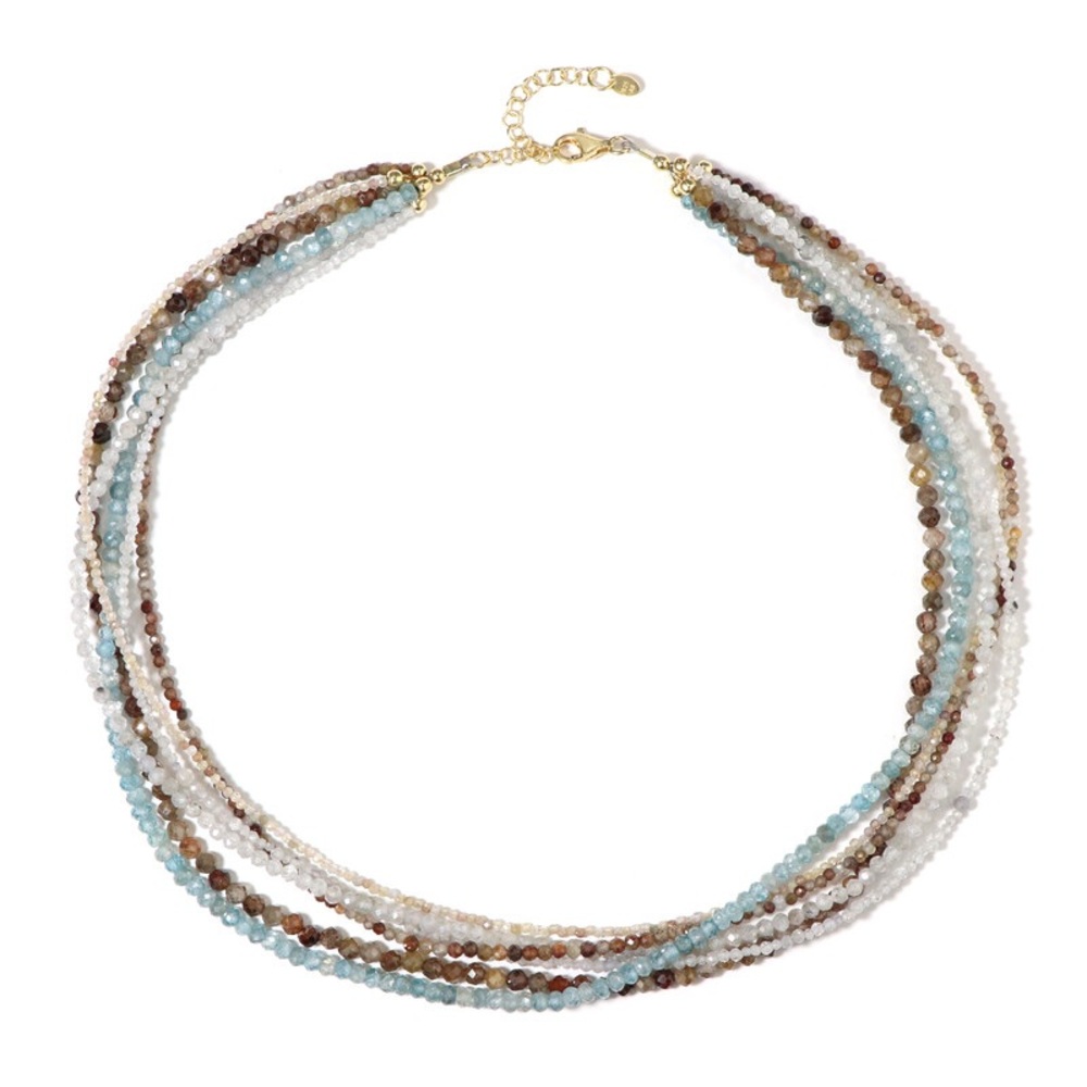Juwelo Gold-Plated Sterling Silver 925 Multi Strand Amber and Aqua Bead Necklace